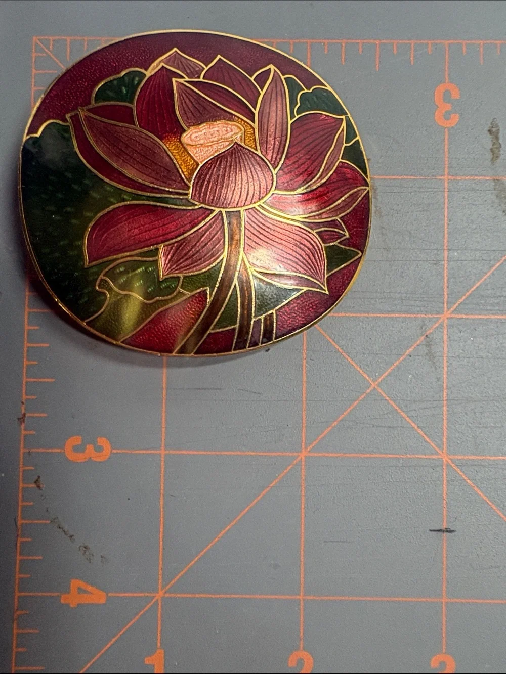 Enamel Lotus Flower Cloisonné Belt Buckle- Red & Green